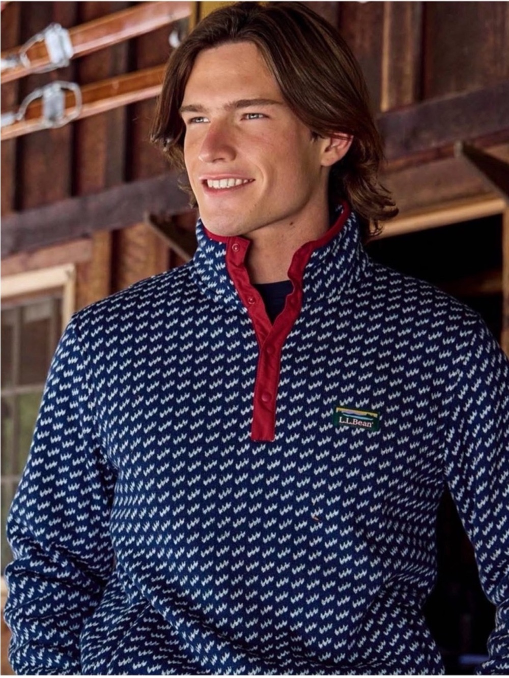 L.L. Bean Men's Navy  with white birdseye patter Snap-Front Pullover w/ Red Trim